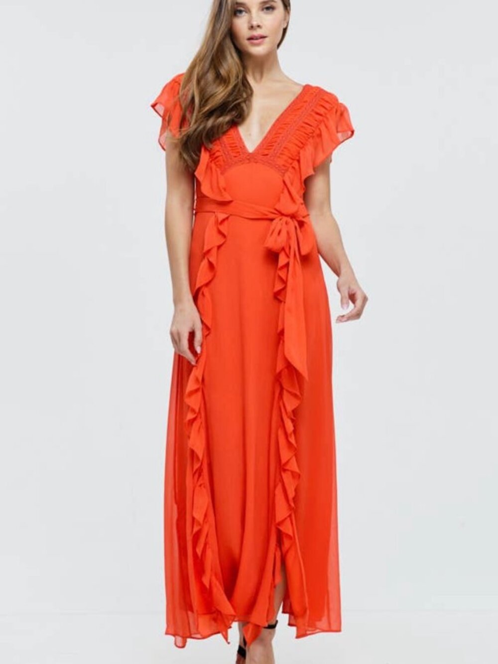 D51-Ruffle Slit Maxi Dress